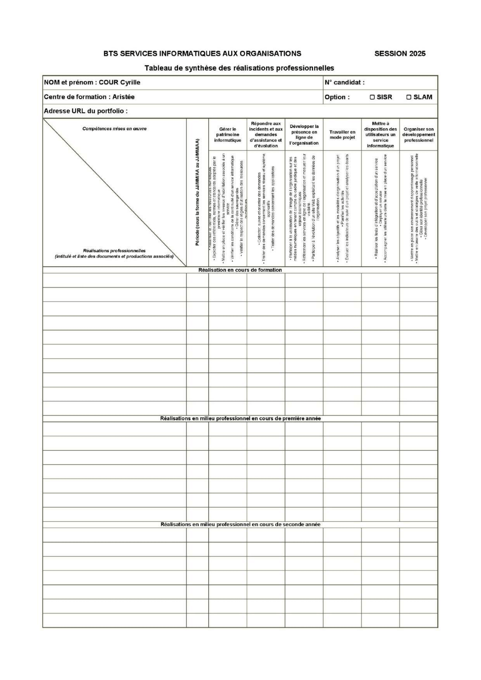 Tableau des compétences BTS SIO SLAM (ouvrir en lecture seule)
